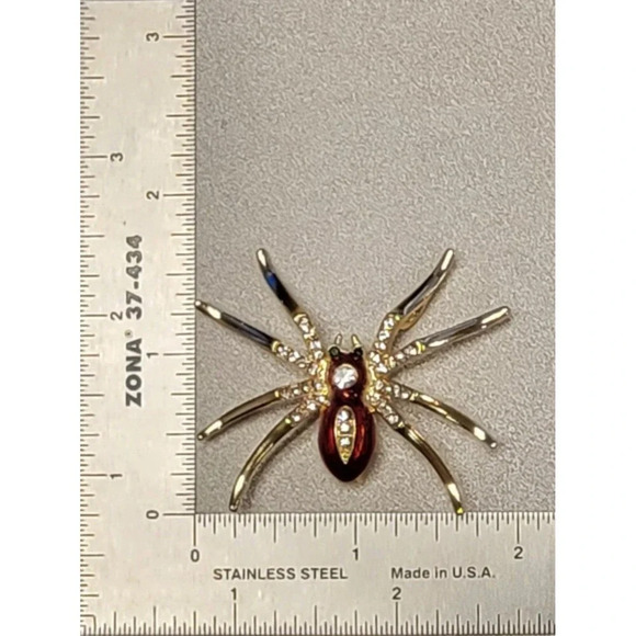 Gold-Tone Spider Brooch Pin with Red Rhinestone Body - Picture 2 of 2